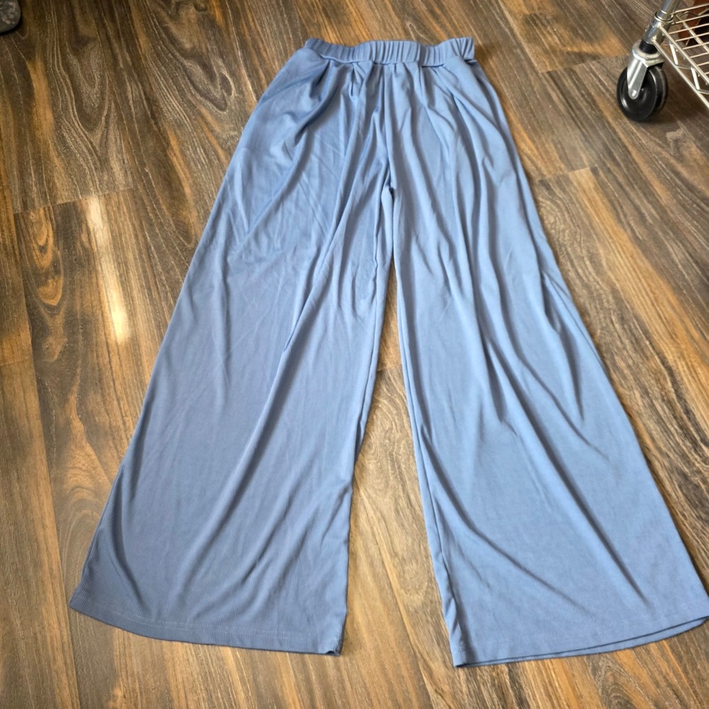 Cider Light Blue Ribbed Wide Leg Pants High Waisted Pockets Size L